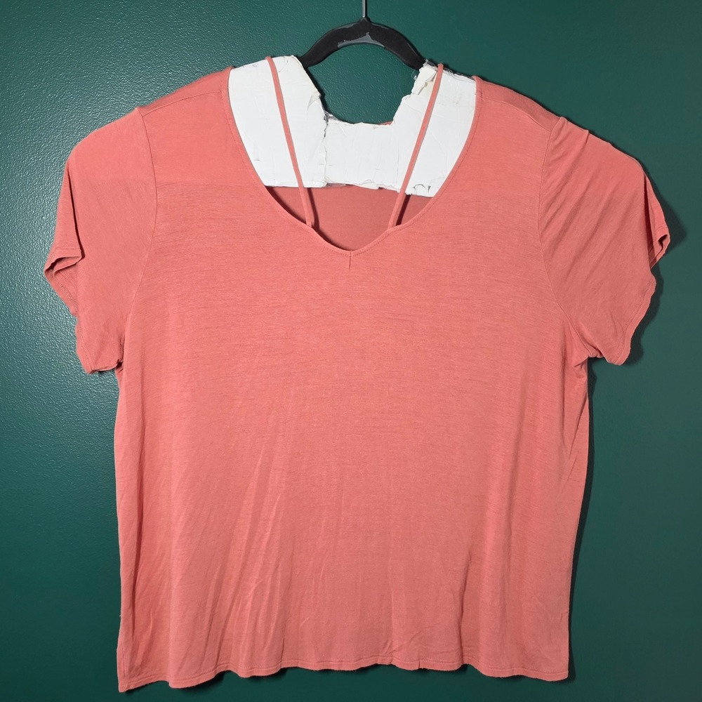 Papermoon Womens Coral Pink V-Neck Double‎ Strap Short Sleeve Top Relaxed Fit